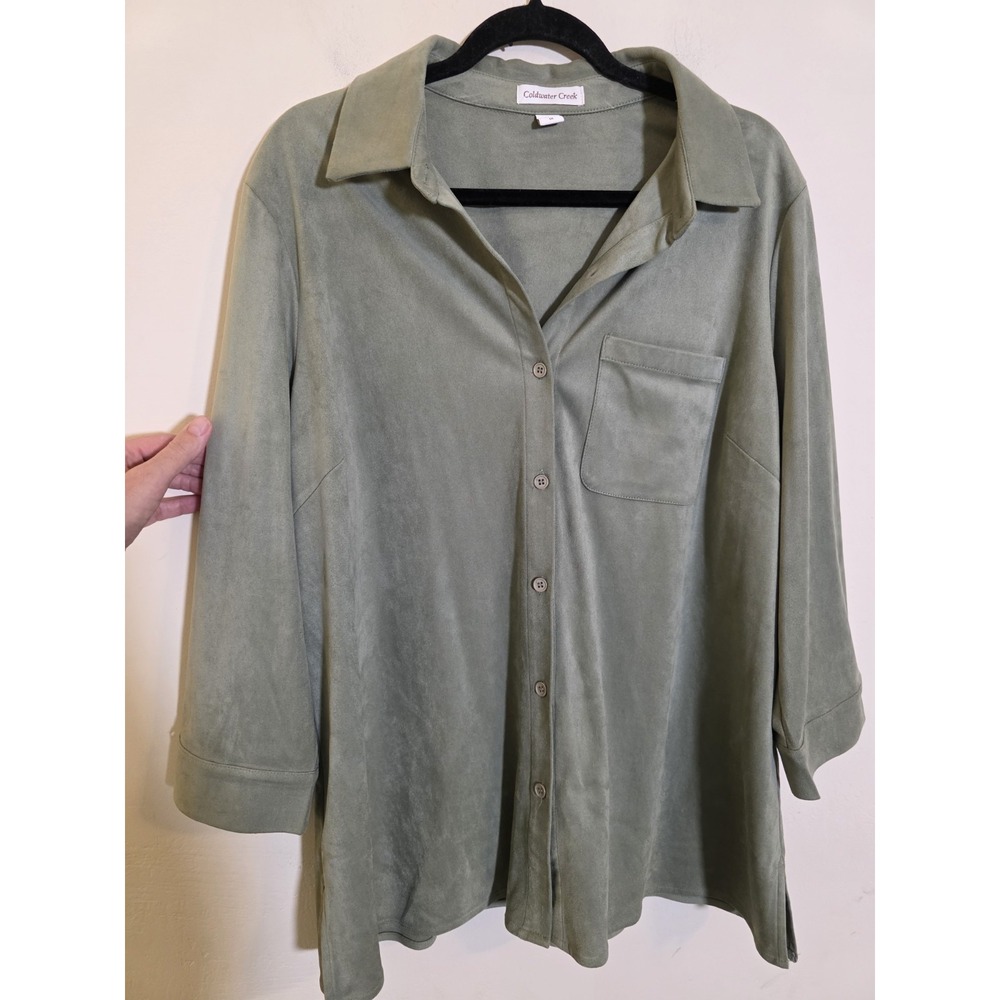 Coldwater‎ Creek Sage Green Faux Suede Button Down Shirt 1X 3/4 Sleeve Pocket